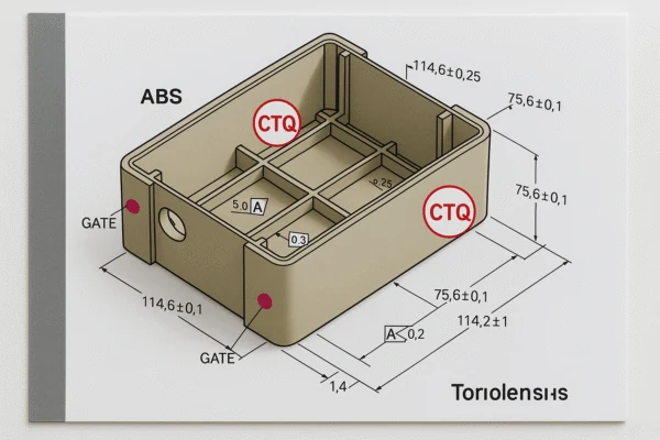 ABS injection molded enclosure drawing with CTQ callouts, gate locations, and key dimensions for DFM and quality inspection.