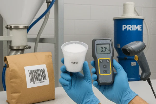 Acetal (POM) resin verification with barcode label, gloved hands holding pellets sample and handheld meter for material traceability.