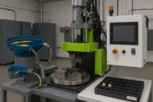 Automated production workcell with a vibratory bowl feeder and press station, featuring an HMI control panel and a cavity ID sorting tray.