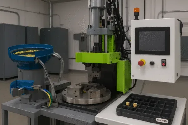 Automated production workcell with a vibratory bowl feeder and press station, featuring an HMI control panel and a cavity ID sorting tray.