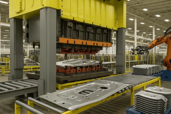 Automated metal stamping press transfer line producing large sheet-metal panels with robotic handling in a factory.