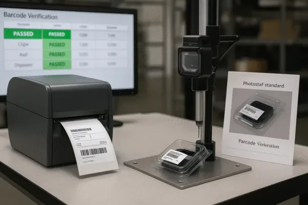Barcode verification workstation with label printer, scanner stand, and pass/fail results screen for packaging quality control.