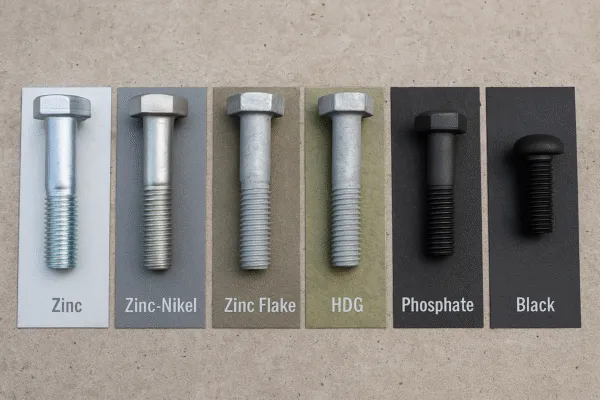 Bolt surface finish comparison showing zinc plated, zinc-nickel, zinc flake, hot-dip galvanized (HDG), phosphate, and black coating.
