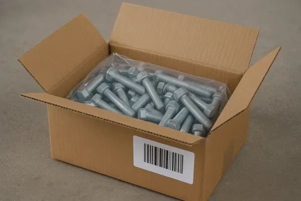 Bulk packed metal bolts in a corrugated shipping carton with protective bag, ready for export packaging.