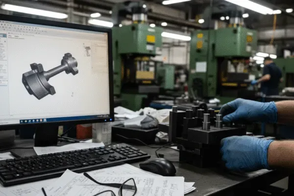 CAD model displayed on a computer monitor while a technician assembles a tooling fixture on a workbench, showing production engineering on the shop floor.