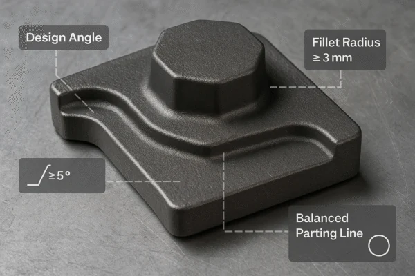 DFM casting design guidelines diagram showing design angle, fillet radius ≥3 mm, and balanced parting line on a cast component.