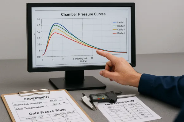 Engineer pointing at chamber pressure curves on a monitor with gate freeze study sheets and calipers, showing injection molding process monitoring.