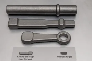 Closed-die forging examples showing near-net shape and precision forged metal components on a gray background.