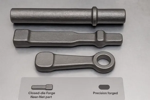 Closed-die forging examples showing near-net shape and precision forged metal components on a gray background.
