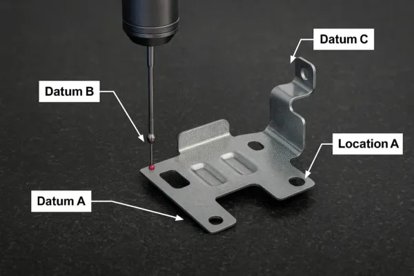 CMM probe measuring a stamped sheet metal bracket with GD&T datum references (Datum A, B, C) and location point for inspection.