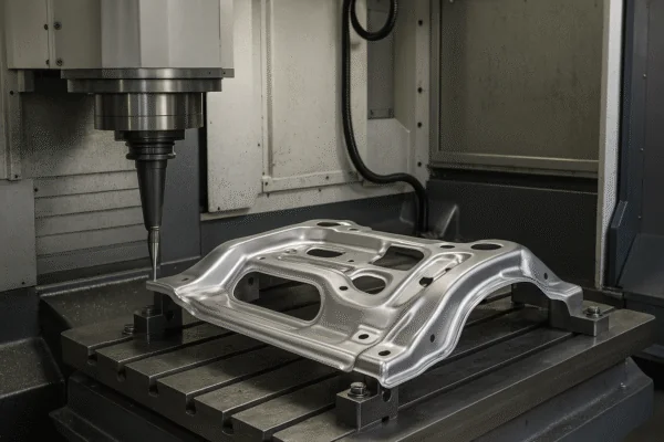 CNC machine inspecting a stamped sheet metal panel on a fixture for precision quality control
