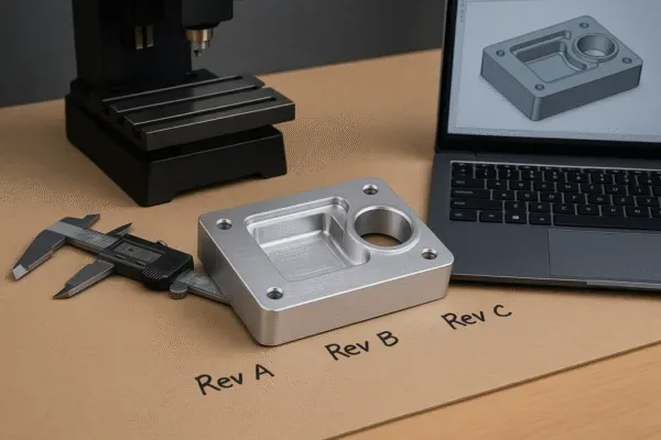 CNC machined aluminum part with digital caliper and CAD model on laptop, illustrating revision control from Rev A to Rev C.