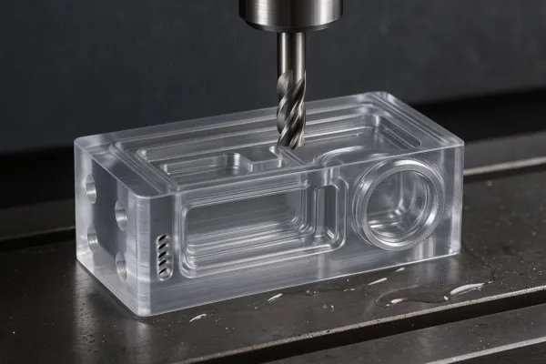 CNC milling a transparent plastic prototype housing block with an end mill, showing precision machining and clean internal pockets.