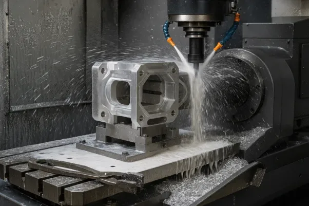 CNC milling machine cutting a precision machined aluminum housing with coolant spray, showing high-accuracy machining inside the enclosure.