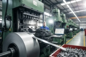 Coil-fed metal stamping press line with a steel coil and progressive dies, showing high-volume production of stamped fasteners.