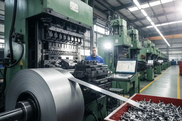 Coil-fed metal stamping press line with a steel coil and progressive dies, showing high-volume production of stamped fasteners.