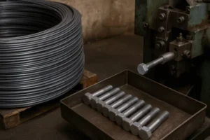 Steel wire coil feeding a cold heading machine with finished hex bolts arranged in a tray (fastener manufacturing)