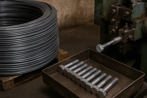 Steel wire coil feeding a cold heading machine with finished hex bolts arranged in a tray (fastener manufacturing)