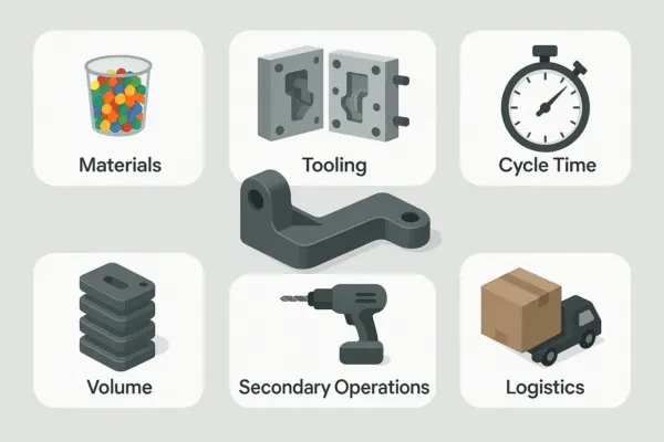 Manufacturing cost drivers infographic showing materials, tooling, cycle time, volume, secondary operations, and logistics.