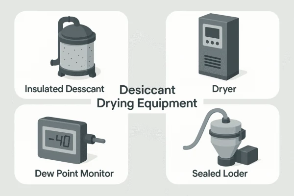 Desiccant drying equipment infographic showing insulated desiccant, dryer unit, dew point monitor, and sealed loader.