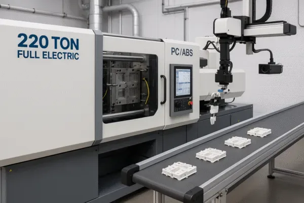 220-ton full electric injection molding machine with robotic pick-and-place producing PC/ABS plastic parts on a conveyor line.
