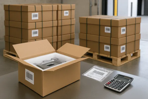 Export packaging for machined metal parts with foam insert, labeled cartons, and palletized bulk shipment.