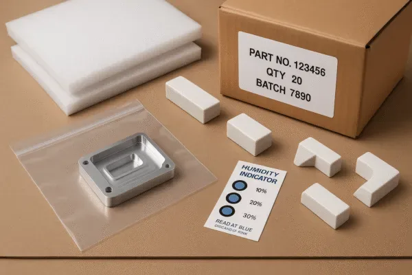 Moisture-protected export packaging with humidity indicator card, sealed bagged part, foam blocks, and labeled carton showing part number, quantity, and batch.
