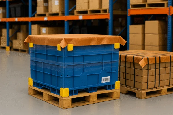 Palletized blue plastic crate with protective cover and stacked cartons in a warehouse for export packaging and logistics.