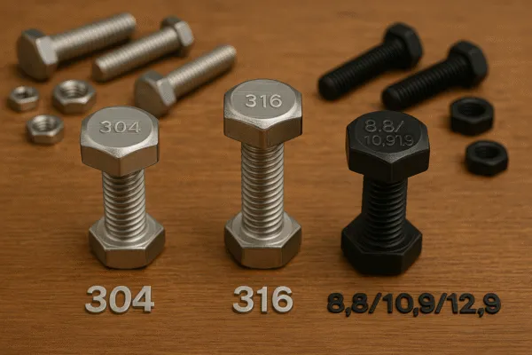304 vs 316 stainless steel bolts and 8.8/10.9/12.9 alloy steel bolt grades for fastener material strength comparison