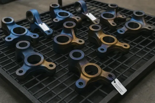 Forged metal components on a parts tray with traceability tags, showing batch production and quality identification.