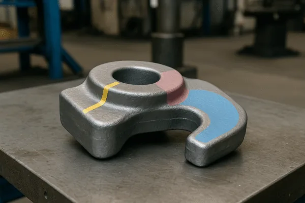 Forged metal component with color-marked surface areas for machining and quality inspection on a workshop table.