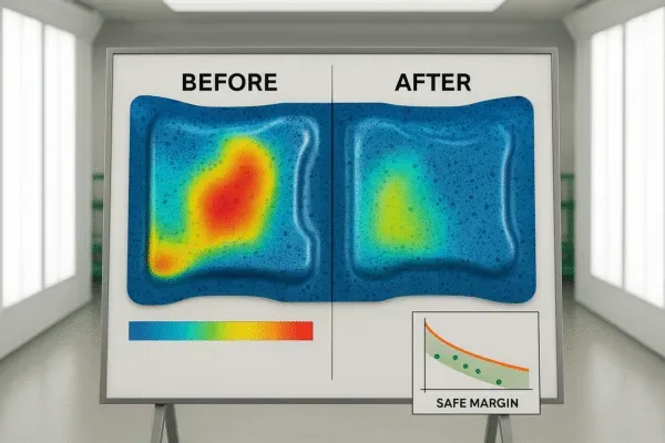 Before-and-after forming simulation heatmap showing strain distribution and safe margin for a stamped sheet metal panel