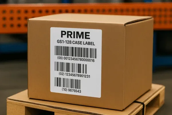 Prime GS1-128 case label with barcode on sealed carton box placed on a wooden pallet in a warehouse.