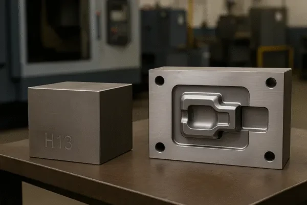 H13 tool steel block and CNC-machined mold insert with precision cavity on a machine shop workbench