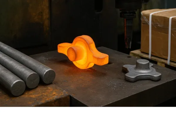 Hot-forged metal preform glowing orange on a workshop bench beside bar stock and a finished part for industrial manufacturing.