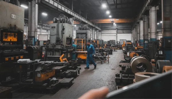 Industrial manufacturing workshop with large presses and equipment, showing a factory floor with a worker walking through the production area.