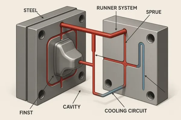 Injection mold diagram showing sprue, runner system, cavity, and cooling circuit inside a steel mold.