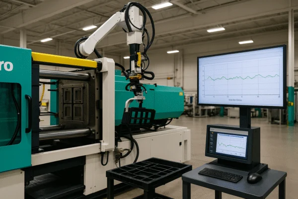 Injection molding machine with robotic arm and process monitoring screens showing quality control data in a factory.