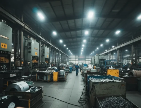 Large industrial press workshop with multiple stamping presses and material bins, showing a high-capacity factory production floor.