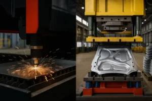 Laser cutting sparks and a stamping press forming an automotive sheet metal panel in a manufacturing workshop.
