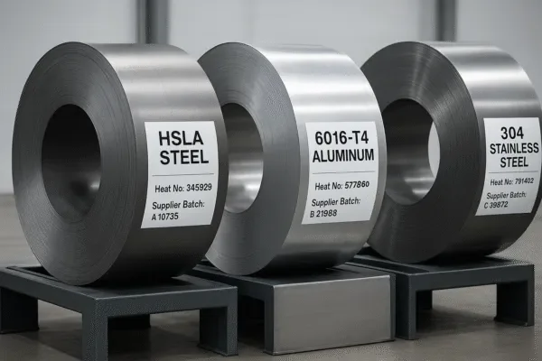 Labeled metal coils for HSLA steel, 6016-T4 aluminum, and 304 stainless steel showing heat and supplier batch numbers for material traceability.