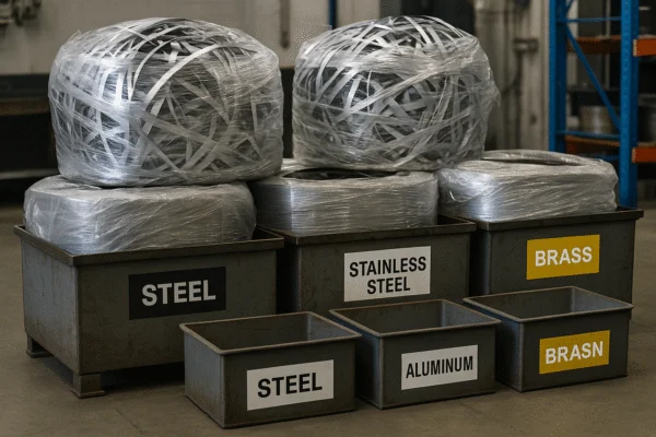Labeled metal scrap sorting bins for steel, stainless steel, aluminum, and brass in a factory recycling area.