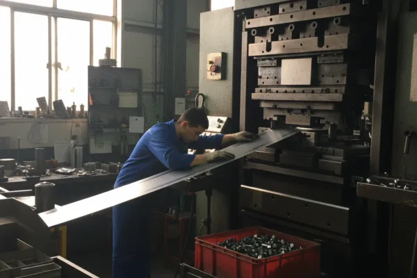 Operator feeding a long metal strip into a stamping press in a workshop, showing sheet metal stamping production.