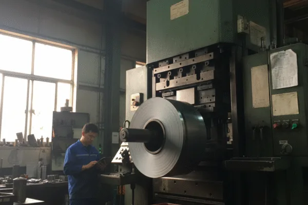 Metal stamping press with steel coil feed and an operator on the shop floor, showing high-volume sheet metal production.
