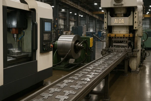 Metal stamping production line with coil feed and AIDA press producing sheet metal parts on a conveyor in a factory.