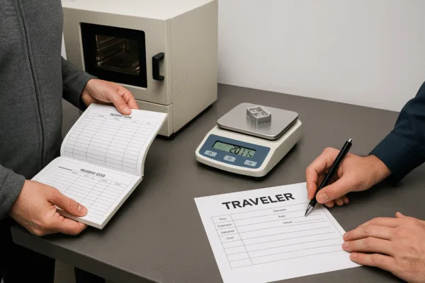 Quality control moisture test documentation with a lab oven and digital scale, showing technicians recording results on a traveler form.