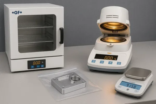Moisture testing and QC lab setup with drying oven, moisture analyzer, digital scale, and a precision machined part for quality control.