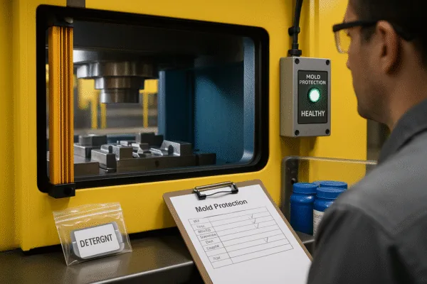 Mold protection indicator and setup checklist next to an injection molding press for safe, quality-controlled production