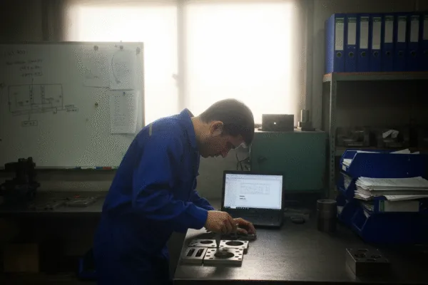 Operator inspecting a metal tooling plate on a workbench with a laptop in the background, showing in-process quality checking.