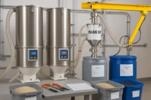 PA66 GF resin drying and material handling system with hopper loader and stainless dryers, showing injection molding raw material preparation.